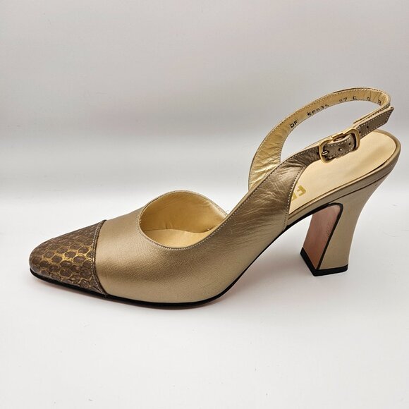Salvatore Ferragamo Gold Leather Slingback Heels w/ Snakeskin Cap Toe – Size 8B - Picture 8 of 11